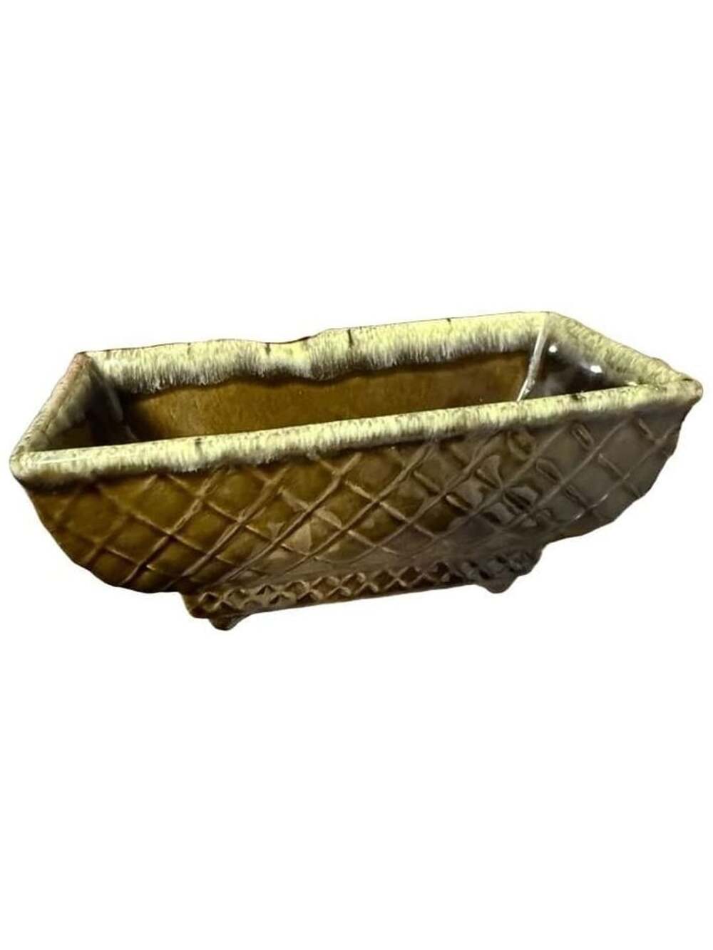 Brush USA Ceramic Planter 404 Green Drip Cross Hatch Vintage